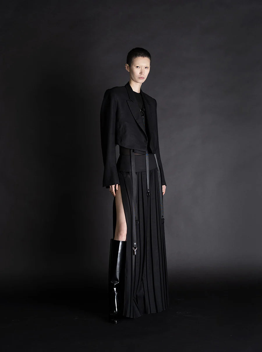combo box pleated skirt with high slit