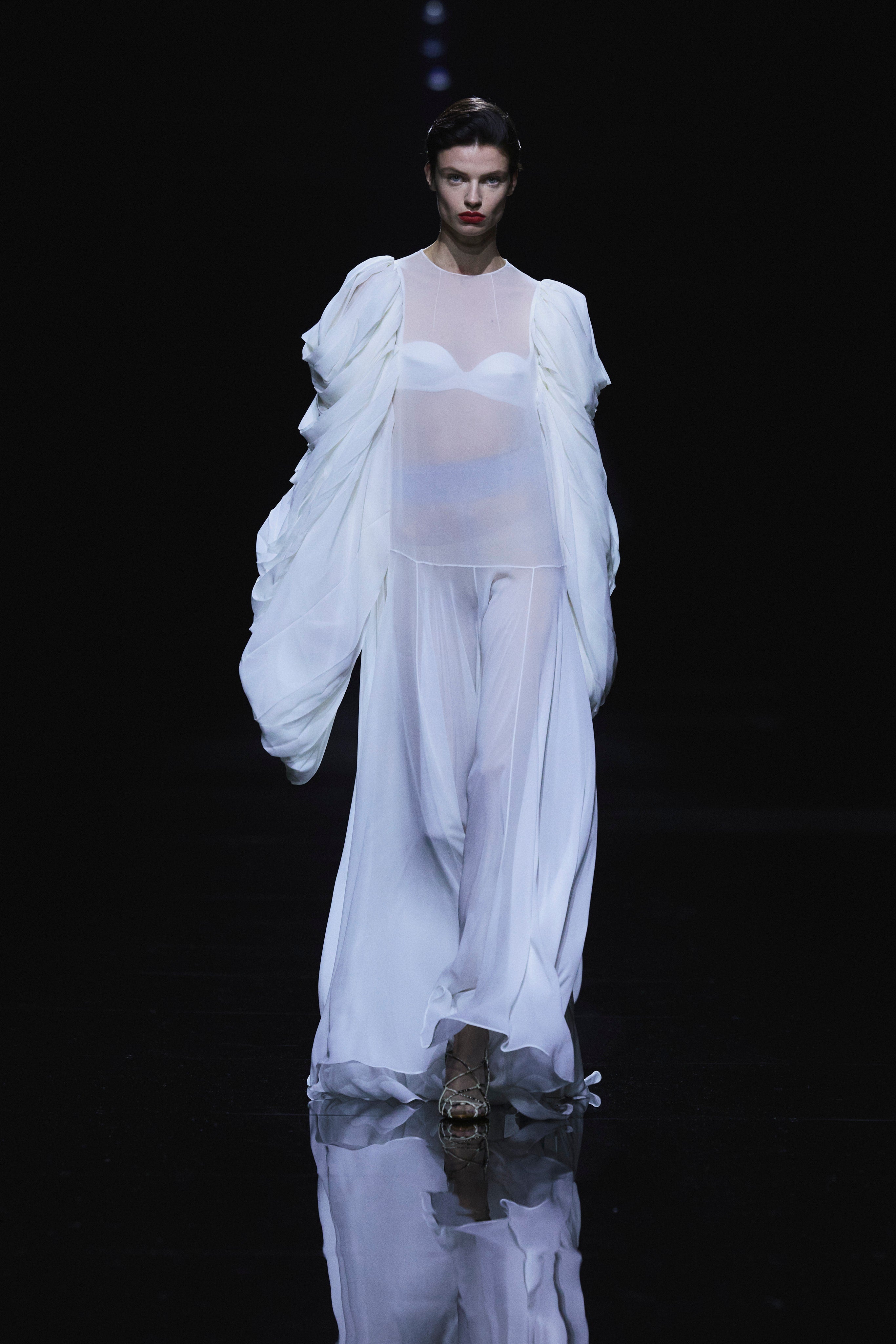 combo pleated sleeves attached to a sheer body