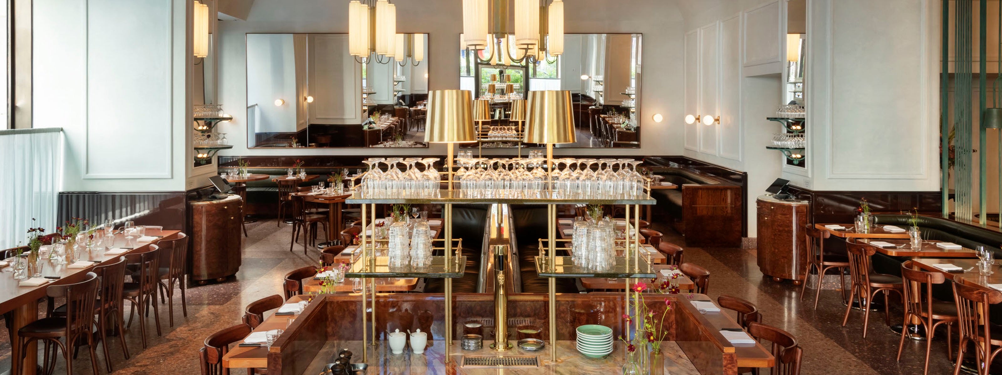 Photo of new Le Rock Restaurant designed by Workstead with accordion pleated curtains in collaboration with Erik Bruce and Tom's Sons International Pleating