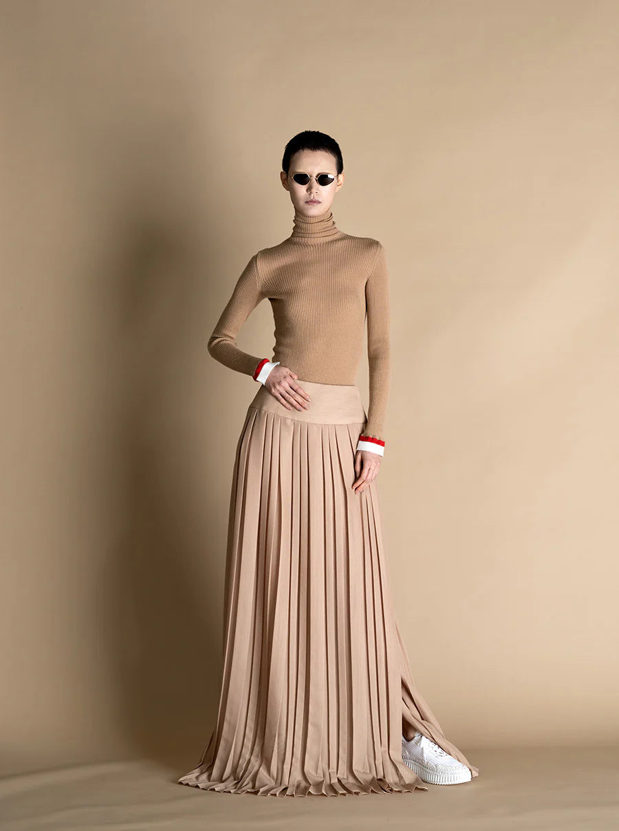 combo box pleated floor length skirt in beige