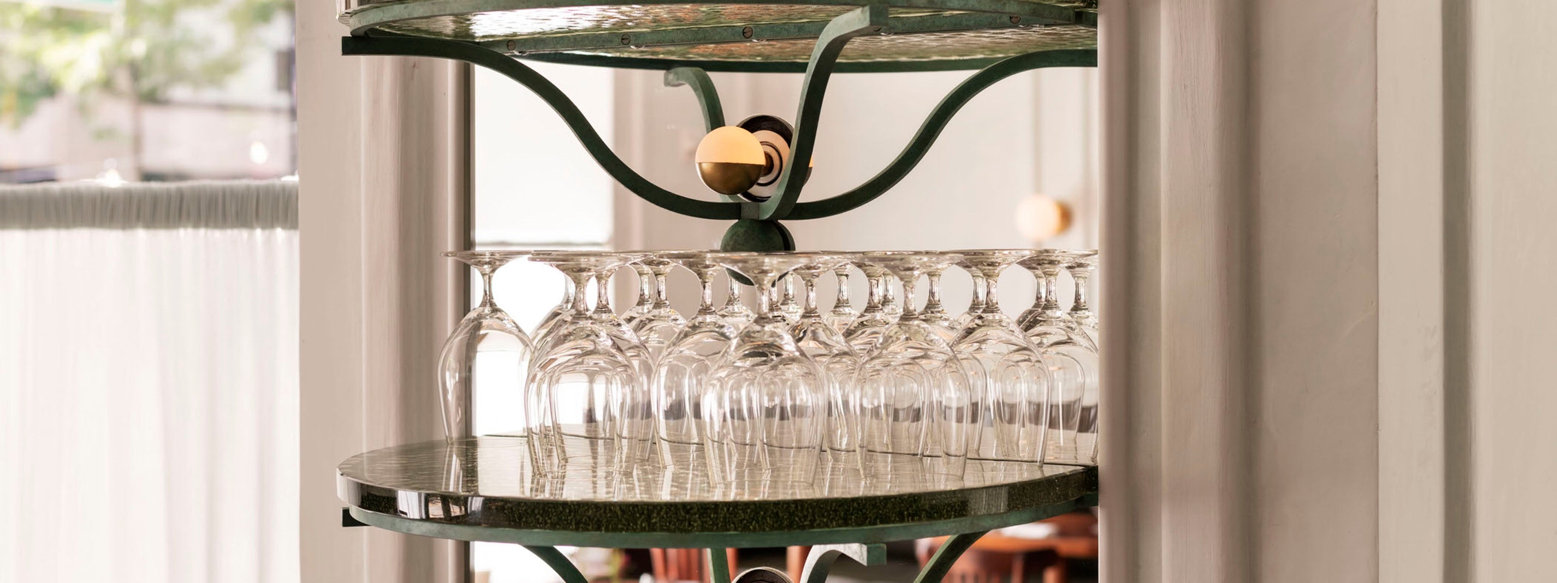 Restaurant glass shelf with pleated curtain