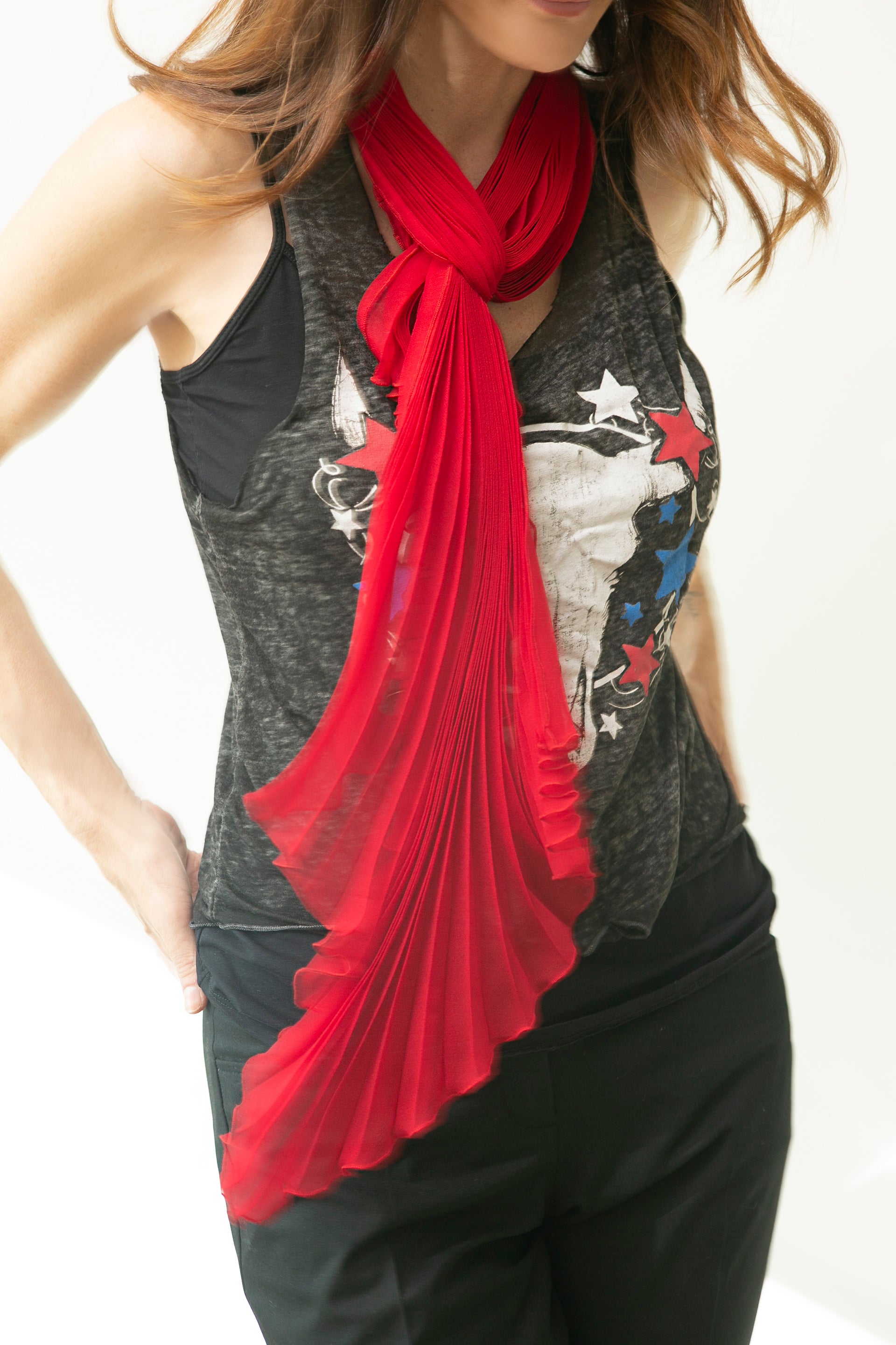 Red pleated chiffon scarf custom made in over 100 colors