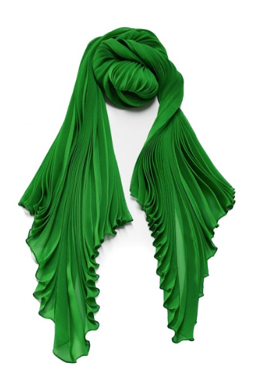 A green pleated scarf made of polyester chiffon, displayed on a white background.