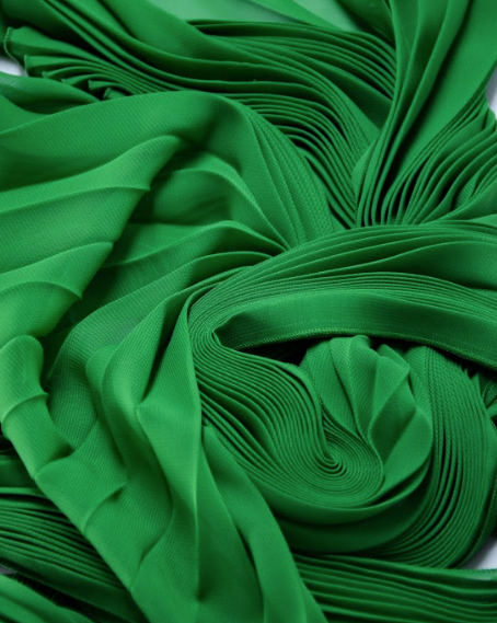 close up of green chiffon pleated scarf
