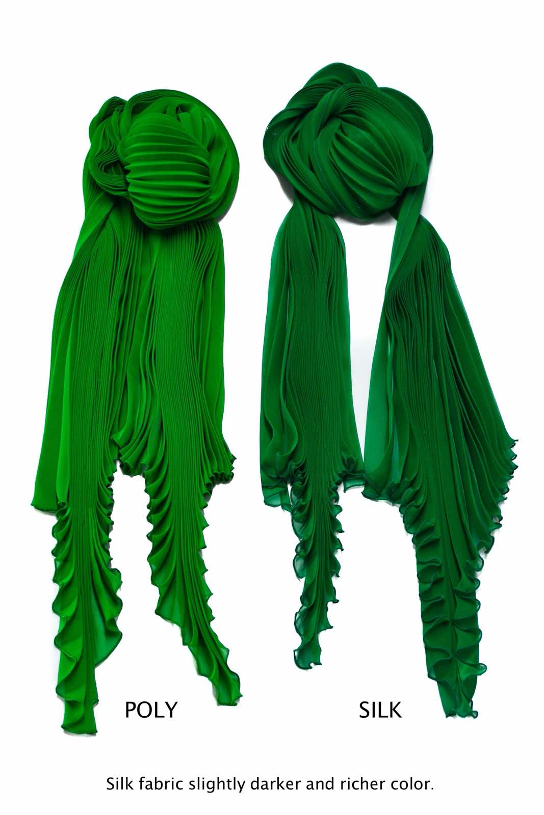 side by side comparison of polyester and silk pleated scarves