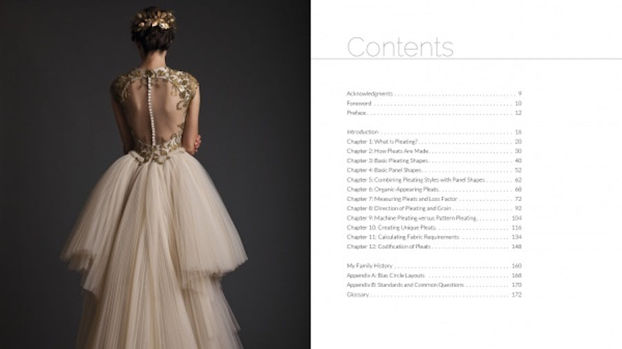 table of contents page for pleating: fundamentals for fashion design by Leon Kalajian and George Kalajian, forward by Jack Sauma