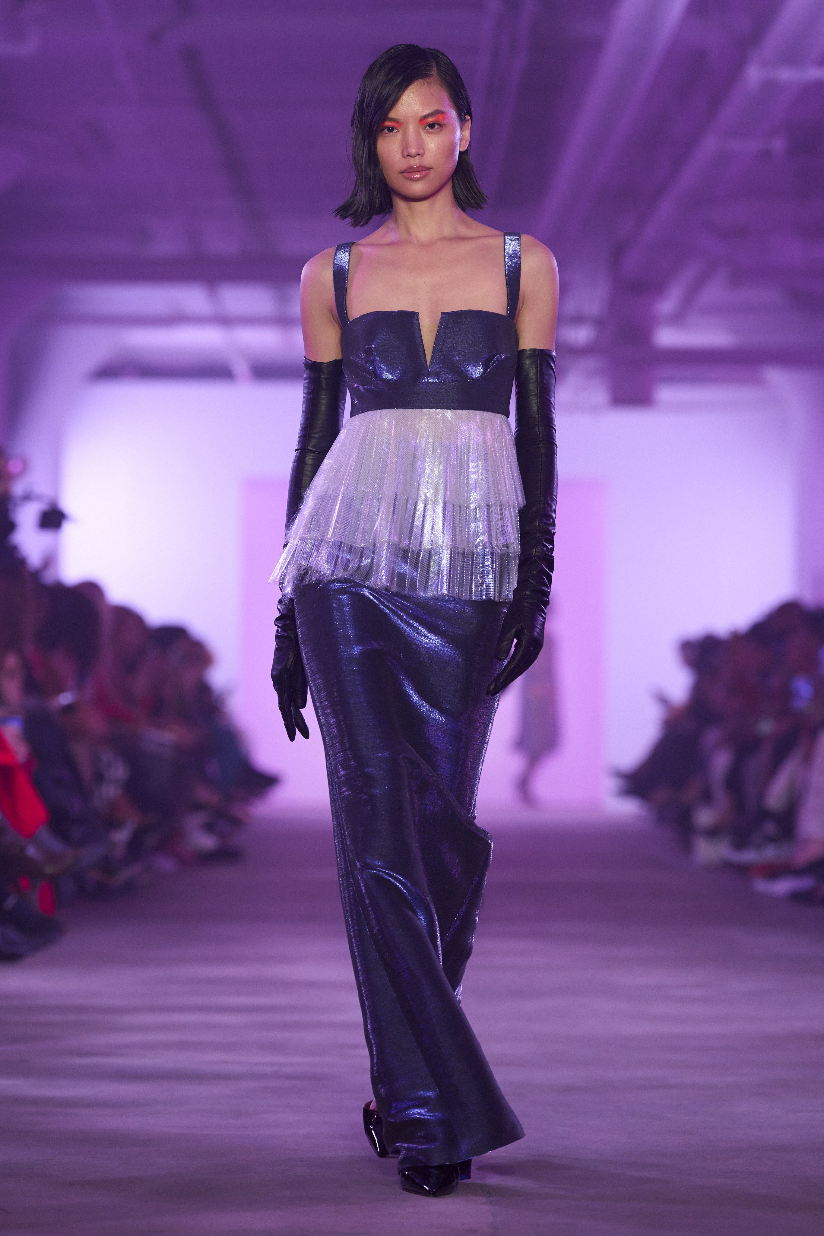 Purple metallic sheath dress with sunburst side pleated tiers at the waist 