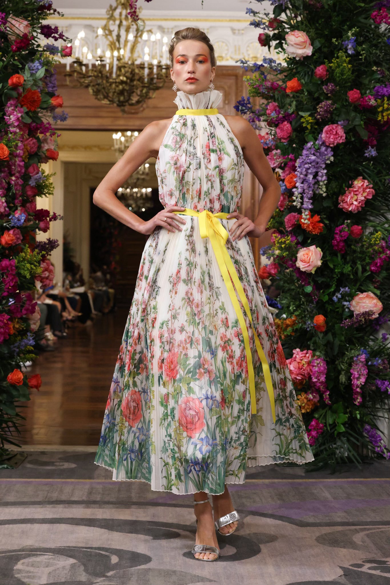 Straight Accordion pleated floral print organza with a yellow ribbon at the waist and neckline