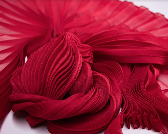 Red Silk Chiffon Sunburst Pleated Scarf
