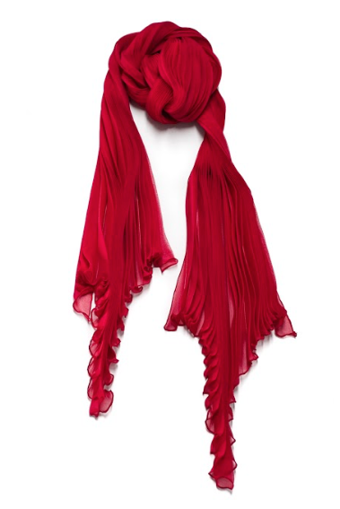 Red Silk Chiffon Sunburst Pleated Scarf