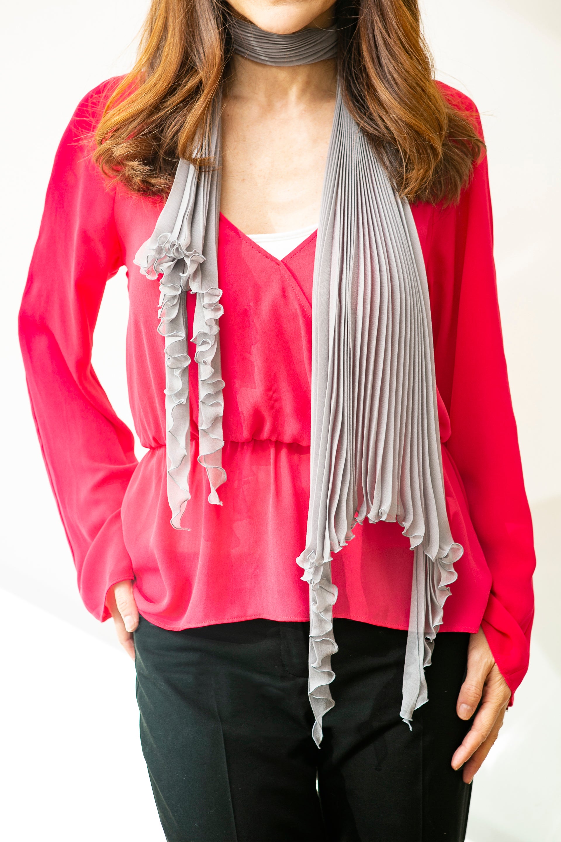 Metallic Grey Polyester Chiffon Sunburst Pleated Wrap Scarf