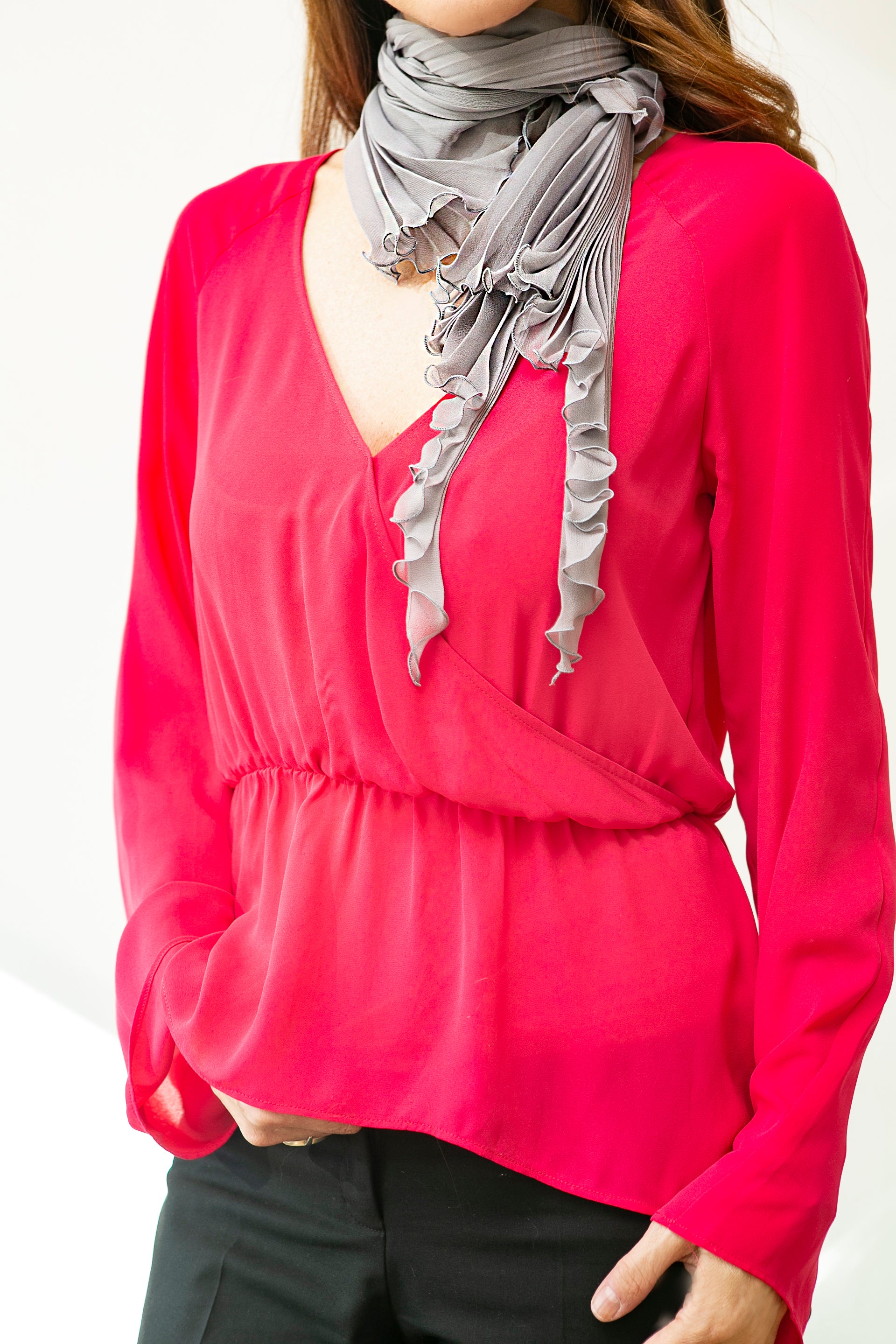 Metallic Grey Polyester Chiffon Sunburst Pleated Wrap Scarf