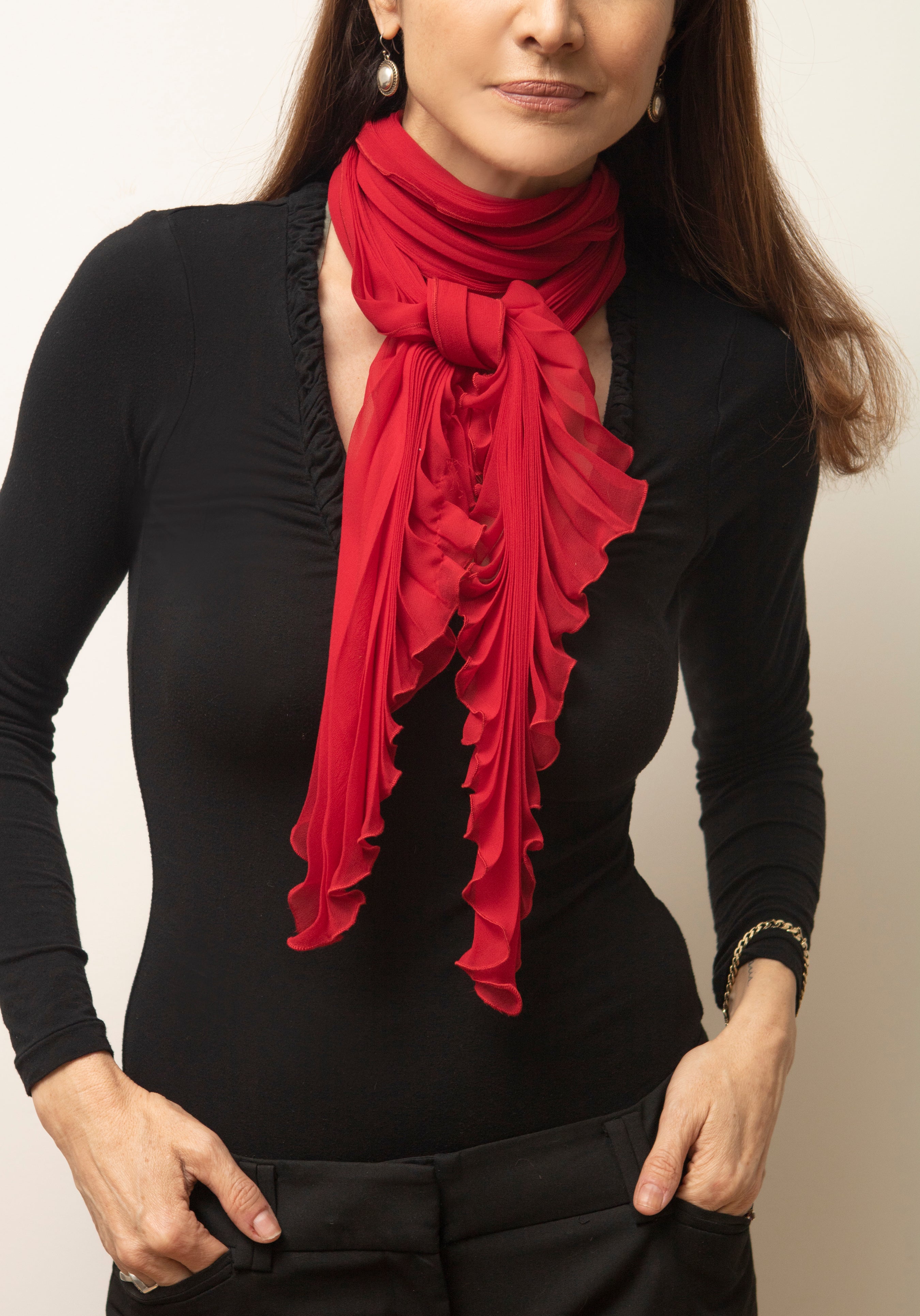 Red Silk Chiffon Sunburst Pleated Scarf