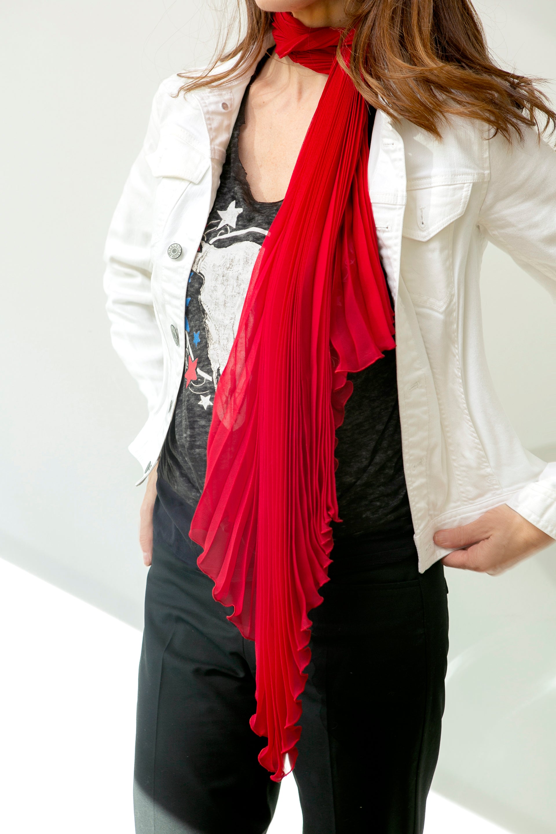 Red Silk Chiffon Sunburst Pleated Scarf